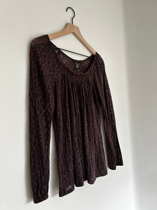 Saint Tropez West | Patterned Sheer Brown Ruched Blouse